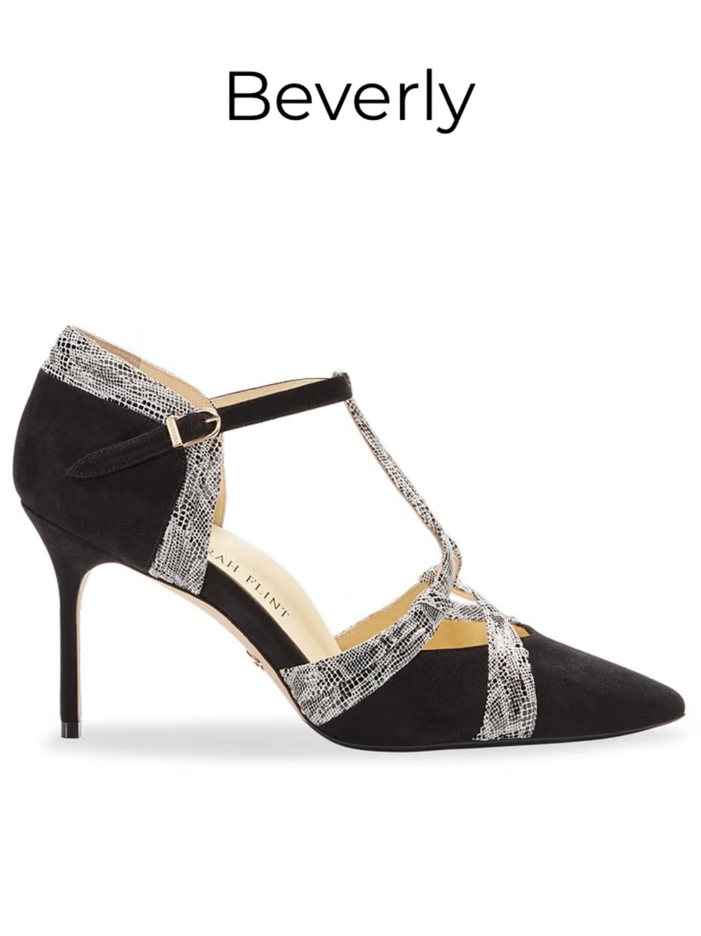 NEW Sarah Flint Beverly Black and Silver T-Strap Pointed Heel - Size 36.5